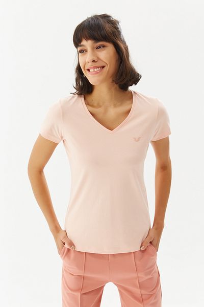 bilcee Γυναικείο μπλουζάκι Puudra Pink V λαιμόκοψη κοντό μανίκι 100% βαμβάκι 8087