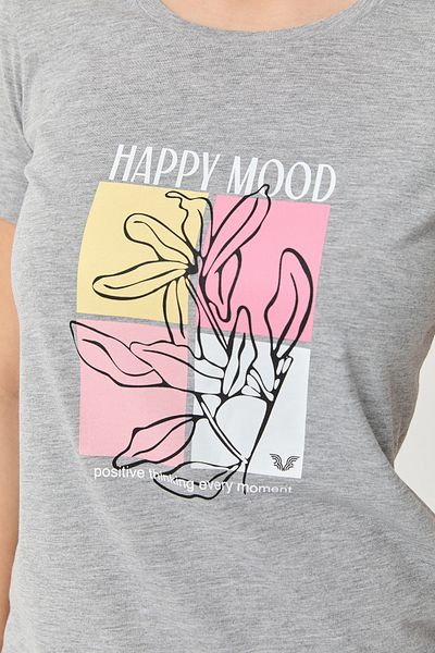 bilcee Tricou de damă, gri din bumbac, cu decolteu rotund, 9749