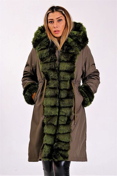 Keyifli Moda Palton lung, verde, impermeabil, cu glugă, cu blană în interior