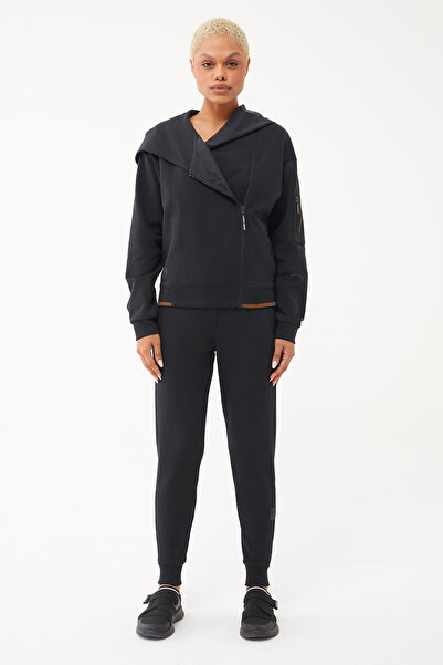 bilcee Set trening negru pentru femei, cu fermoar și cu glugă buzunare la mân...