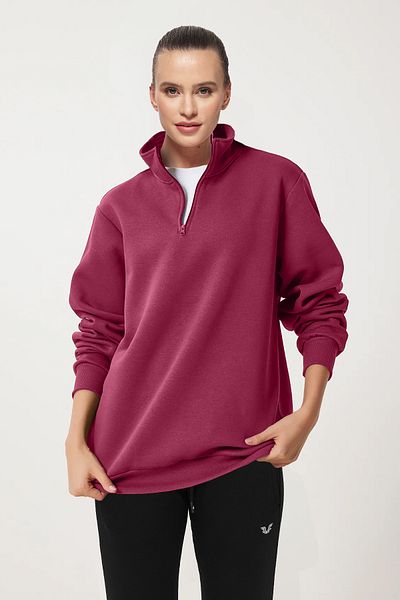 bilcee Peak Women's Plum Oversize Zippered Collar Sweatshirt 7012