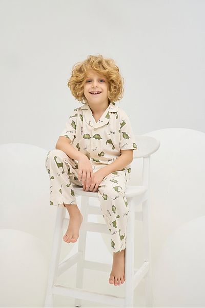 Sevim Boy's Pajamas 100% Cotton, Dinosaur Pattern, Front Buttoned