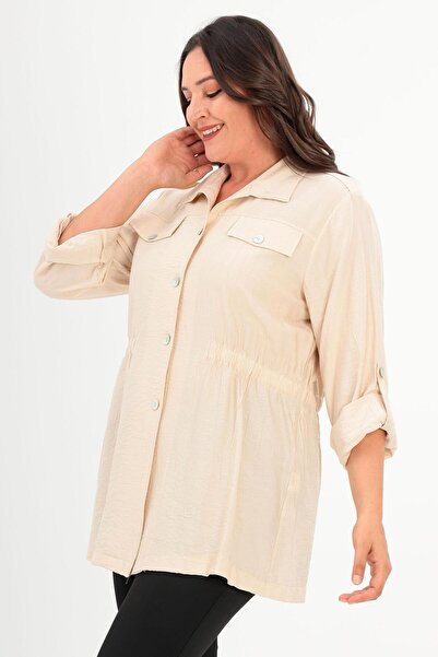 Metpoint Trend42Plus Large Size Beige Trench Coat with Shoulder Epaulettes and Pocket Covers