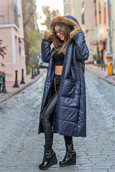 Keyifli Moda Palton puf lung, cu glugă, cu mâneci cu blană, albastru marin pe...