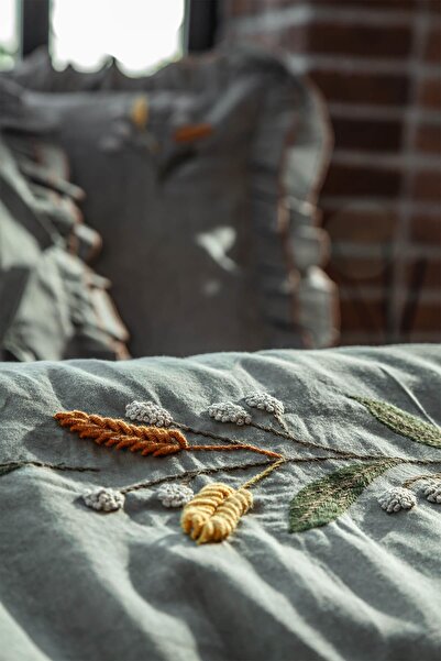 Ecocotton Farah King Size Duvet Cover Set 100% Organic Cotton Satin Piece Paint Hand Embroidered Green 240x220 Cm