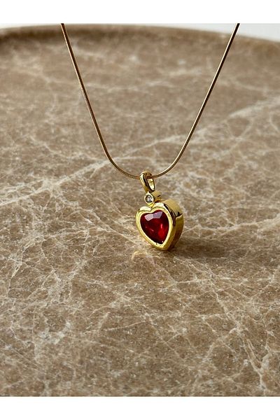 Reorah Collection Zircon Stone Steel Red Heart Necklace