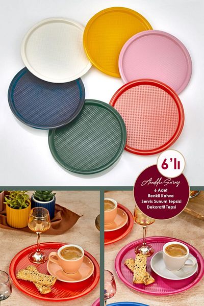 Anadolu Saray 6 Pieces Colorful Round Presentation Tray Decorative Tray Luxury Plastic Colorful Coffee Serving Presentation Tray