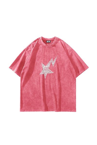 Sekizbiraltı Shining Star Stone Printed Oversize Unisex Πλενόμενο ροζ μπλουζάκι