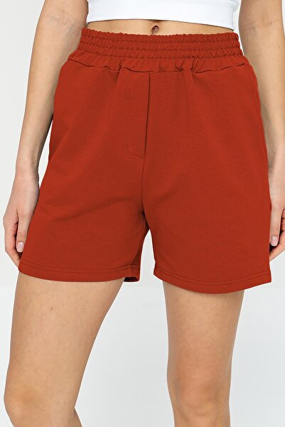 bilcee Quicktime Redclay High Waist Cotton Pocket Elastic Waist Plain Casual and Sports Short Mini Shorts 7006