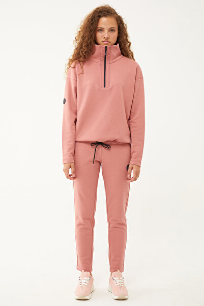 bilcee Kadın Pudra Düz Paça, Dik Yaka Yarım Fermuarlı Sweatshirt Takım 1632