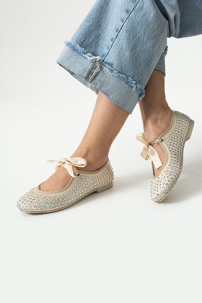 Neva'nın Butiği Aria Ribbon Tied Stone Detailed Women's Ballerinas