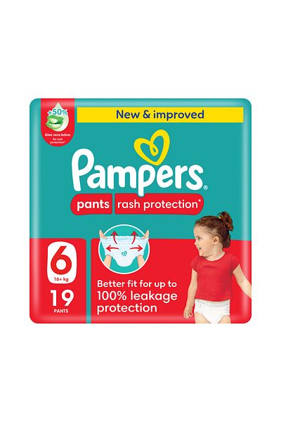 Pampers Rash Protection Pants Diapers, Size 6, 16-21kg, +50% Aloe Vera Lotion, 360° Leak-Free
