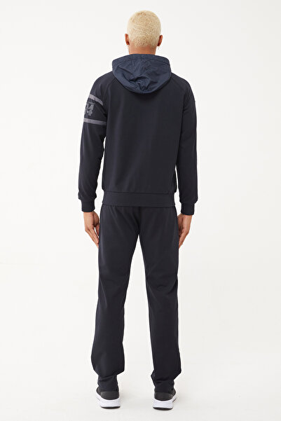 bilcee Erkek Koyu Lacivert Pamuk ve Dokumalı Kapşonlu Örme Eşofman Takım 1571