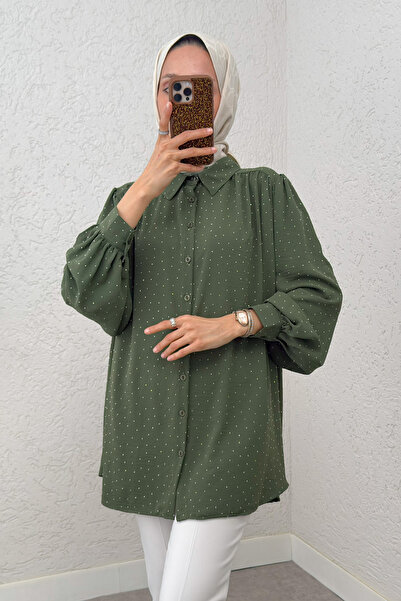 Salih Çelebi Stone Decorated Balloon Sleeve Shirt 2284 - Khaki