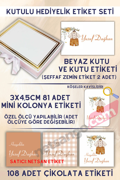 Netsan Etiket Erkek Bebek Hediyelik Etiket Seti - Kutu, Çikolata Etiketi, Kut...