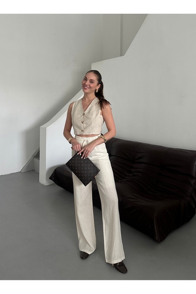 Laluvia Ecru 100% Linen Palazzo Trousers - 3455