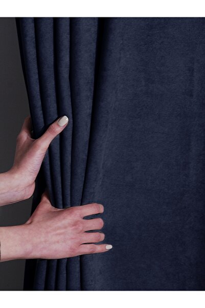 FAVOLLİ Velvet Textured Navy Blue Color Pleated Island Background Curtain