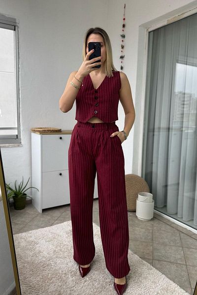 Kubos Moda Striped Burgundy Wide Leg Vest Trousers Set