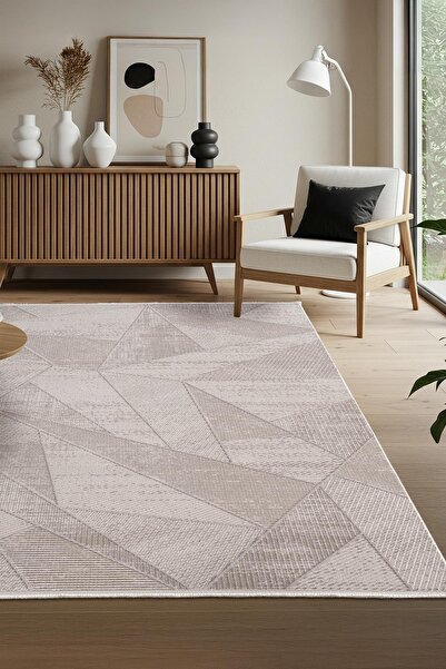 Karmen Halı Leon LN003K Bej Halı Modern Desen Pamuk Taban Akrilik Tozuaz Salo...