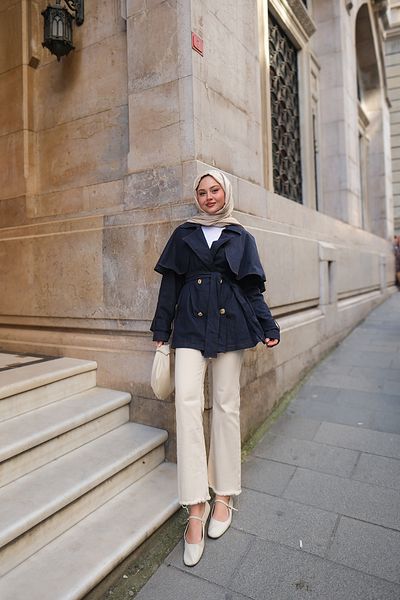 LOCCO Trench scurt din denim cu mâneci pentru femei, albastru închis