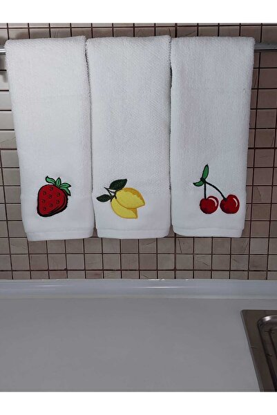 Butik Limon, Kiraz, Çilek Nakış I?şlemeli 3lü Mutfak Havlu Seti