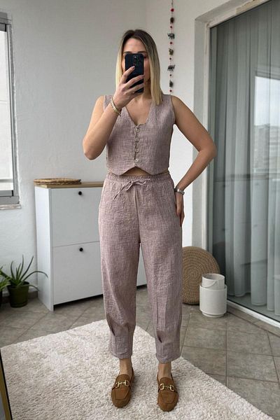 Kubos Moda Linen Textured Dark Beige Vest Trousers Set with Cuffs