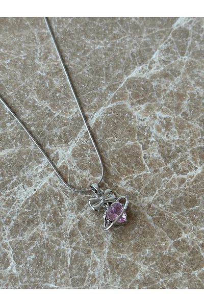 Reorah Collection Pink Heart Bow Steel Necklace-Pink Heart Steel Necklace with Pearl on Bow