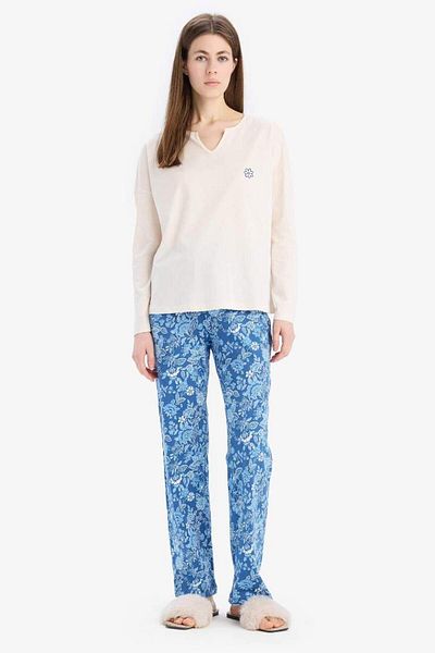 DeFacto New Season Pajama Set Long Sleeve Top Stretchy Waisted Long Bottom Six-Fall in Love