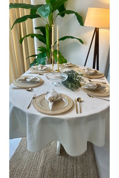 Decamor home Linen Textured Gold Glitter Ecru Oval Table Cloth