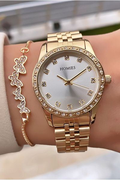 Homies Brand Gold Color Waterproof Women's Wristwatch - With Bracelet Gift