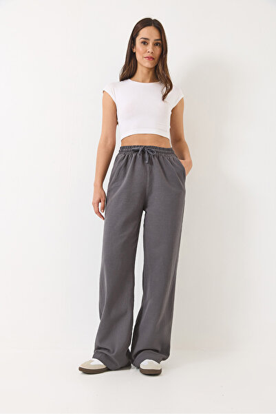 Bianco Lucci Women's Waisted Elastic Pocket Detailed Linen Palazzo Trousers R-6711 60283038