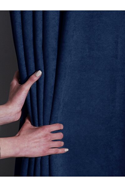 FAVOLLİ Velvet Textured Sapphire Color Pleated Island Background Curtain