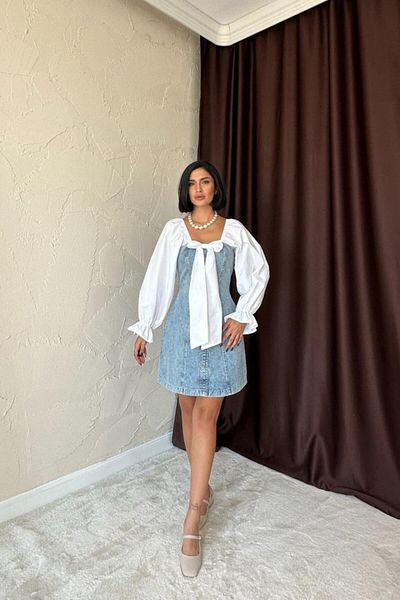 MODAVERA Blue Front Bow Denim Dress