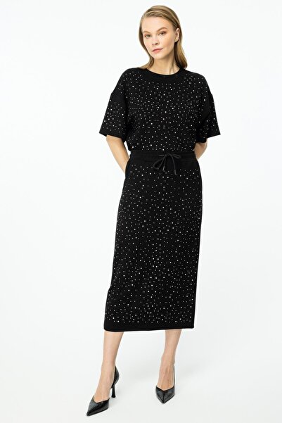 ON TRİKO Taşlı Midi Boy Etek - SİYAH