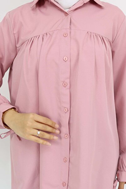 giyze Kolları Bağcıklı Tesettür Gömlek Pudra