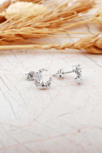 Sümer Telkari Taşlı Ay Yıldız Rodyumlu Mini Gümüş Küpe 7354