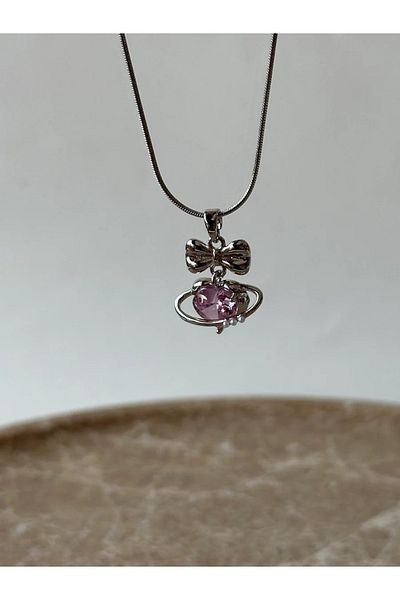 Reorah Collection Pink Heart Bow Steel Necklace-Pink Heart Steel Necklace with Pearl on Bow
