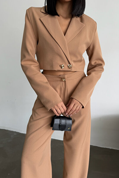 Pazarcan Tiana Crop Jacket - Pants Suit Gold Button Detail - Brown