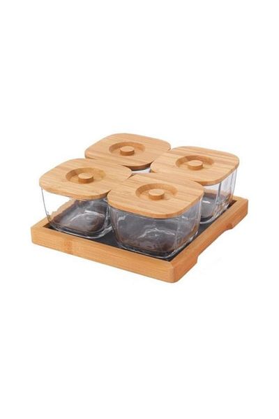Atbyhome Natural Bamboo & Glass 9 Piece Square Breakfast Set
