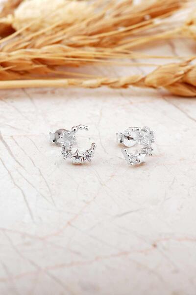 Sümer Telkari Taşlı Ay Yıldız Rodyumlu Mini Gümüş Küpe 7354