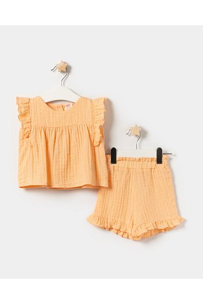 Minipodyum Baby Girl Ruffle Detailed Muslin Summer Double Set