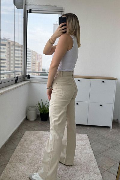 Kubos Moda Denim Belted Pipe Leg High Waist Beige Jean Trousers