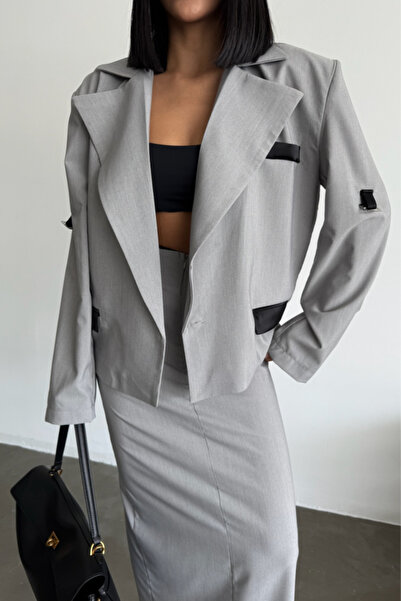 trend_ermege Eyesof Crop Jacket - Skirt Suit - Gray