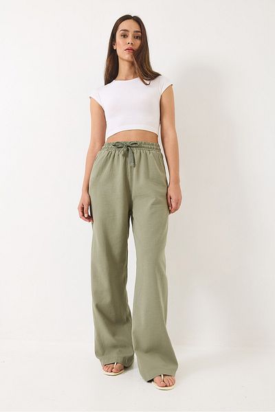 Bianco Lucci Women's Waisted Elastic Pocket Detailed Linen Palazzo Trousers R-6711 60283038