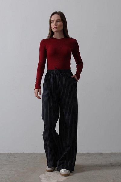 Moda Asmira Wide Leg Trousers with Elastic Waist - Navy Blue-White