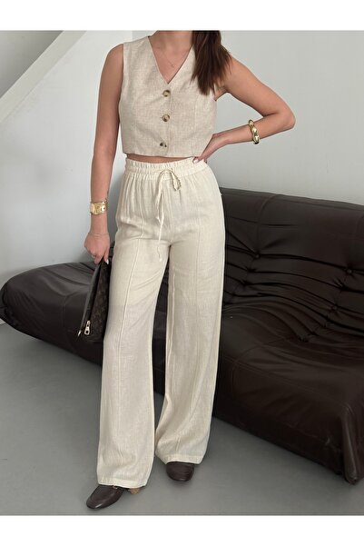 Laluvia Ecru 100% Linen Palazzo Trousers - 3455