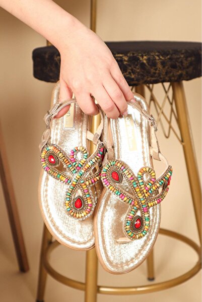 Birikon Boncuklu Parmak Arası Sandalet GOLD