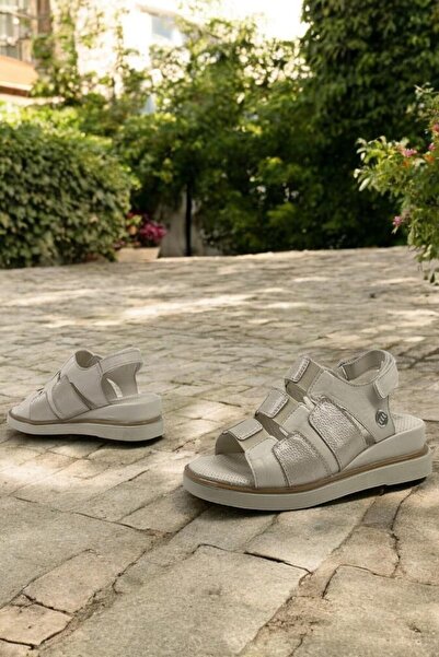 Mammamia D25Ys-5040 Cream Beige Glitter Genuine Leather Full Orthopedic Daily Women's Sandals