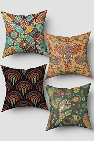EsnafAli Orange Multicolored Ethnic Vintage Patterned Set of 4 Throw Pillow C...