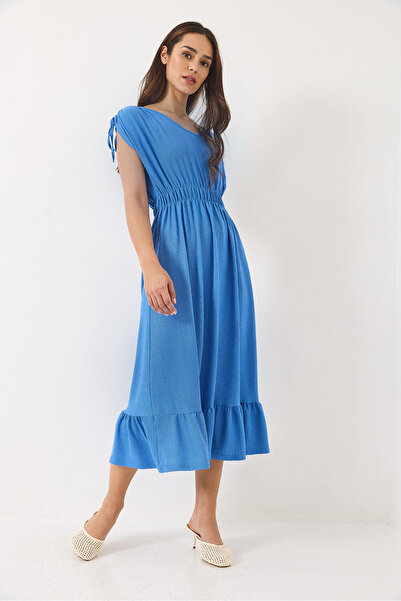 Bianco Lucci Women's Elastic Waist V-Neck Sleeve Dress with Tie Detail 3096 60284015